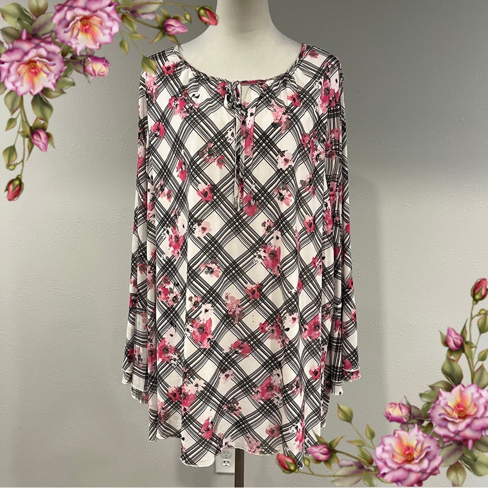 Lane Bryant Pink and Black Floral Plaid Blouse